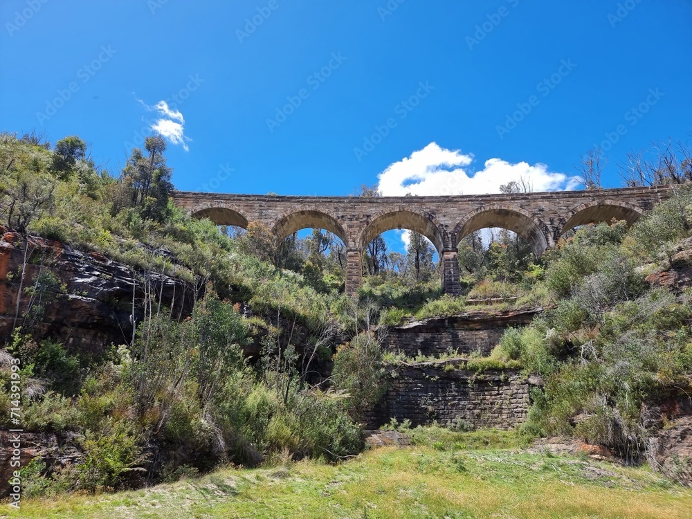 Sandstone Viaducts and bridges in the Blue Mountains New South Wales Australia. Railway line in the Australian bush