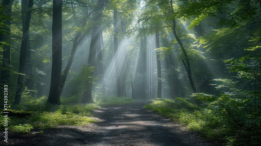 Obraz premium a dirt road in the middle of a forest with sunbeams shining through the trees on the other side of the road is a dirt path that runs through the woods.