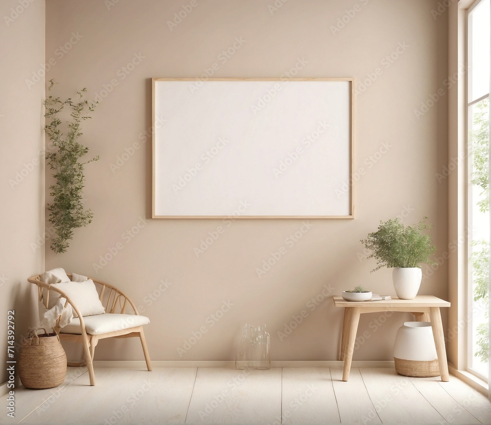 interior of a room with a table and empty frame. 3d rendered interior of a room with a table and empty frame. 3d rendered