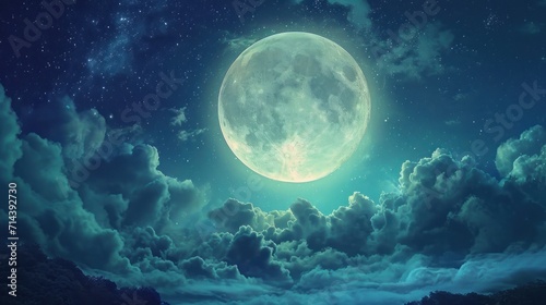  a full moon with clouds in the foreground and a dark blue sky with stars in the middle of the moon, with a few clouds in the foreground.