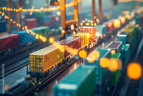 A train with a yellow container that says dhl on it