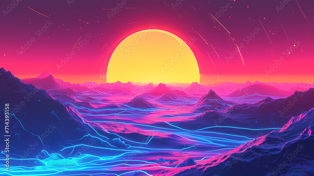 Digital background capturing an abstract landscape with vaporwave and futuristic aesthetics