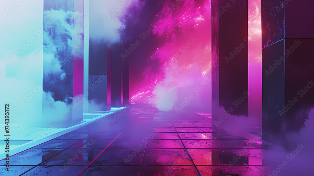 Background with abstract, futuristic digital art in a vaporwave landscape theme