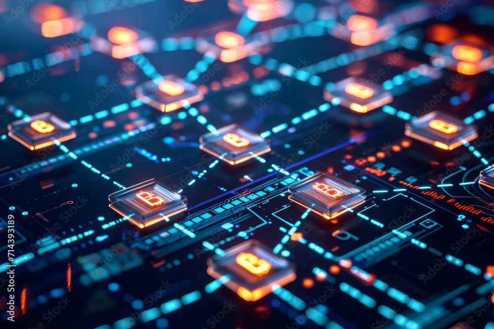 Fototapeta premium A circuit board with a bunch of glowing squares with the letter b on them