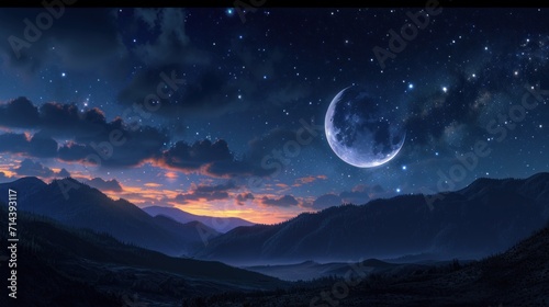  a painting of a night sky with a moon and stars in the sky and a mountain range in the foreground with a full moon and stars in the sky.