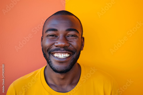 A man in a yellow shirt is smiling in front of a red and yellow wall