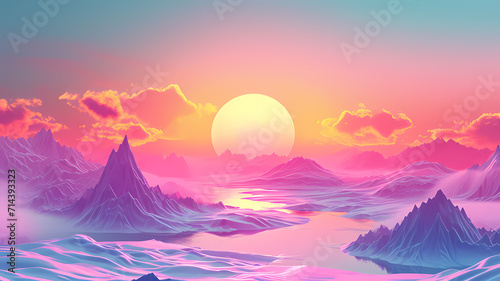 Abstract vaporwave landscape background with futuristic digital art elements