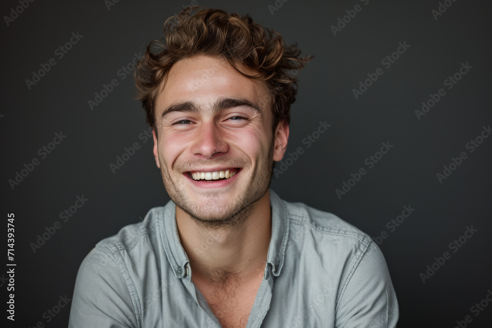A man with curly hair and a beard smiles for the camera A man with curly hair and a beard smiles for the camera