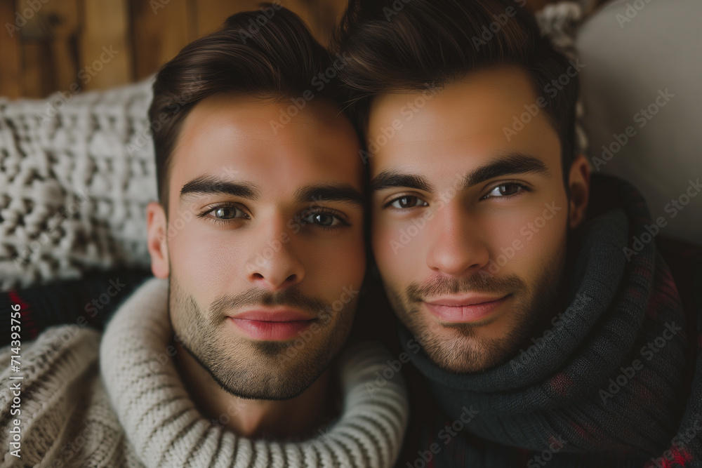 handsome gay model couple, perfect skin, hygge concept background