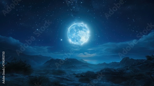  a night scene with a full moon in the sky and a mountain range in the foreground with a few clouds and a few stars in the sky above it. © Anna