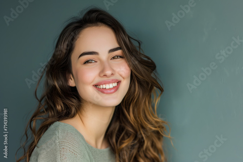 A woman with long hair is smiling for the camera