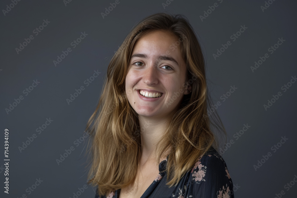 A woman wearing a floral shirt smiles for the camera A woman wearing a floral shirt smiles for the camera