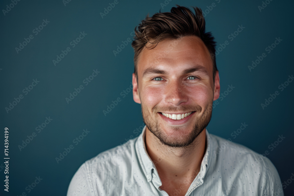 Fototapeta premium A man with a beard is smiling in front of a blue background