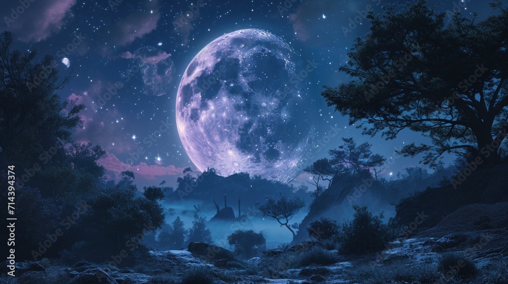  a night scene with a full moon in the sky and trees in the foreground, and a river running through the foreground, with rocks and grass, and trees, and rocks, and rocks.