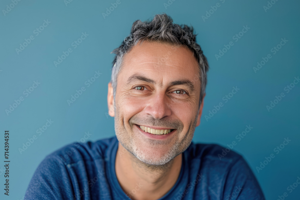 A man with gray hair and a blue shirt smiles for the camera A man with gray hair and a blue shirt smiles for the camera