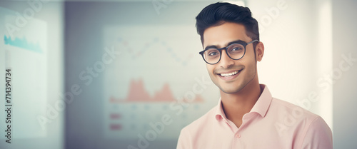 Bellissimo uomo di 30 anni di origini indiane sorride in ufficio con camicia elegante e grafici sullo sfondo photo