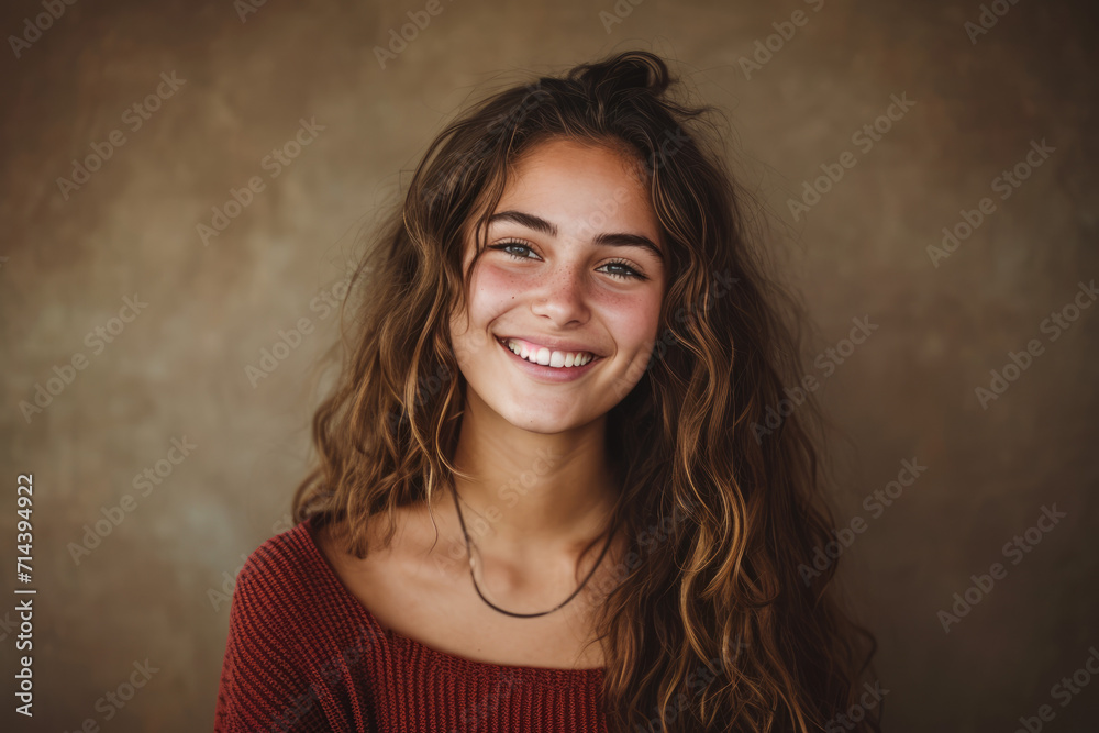 A woman with long hair is smiling and wearing a red sweater A woman with long hair is smiling and wearing a red sweater