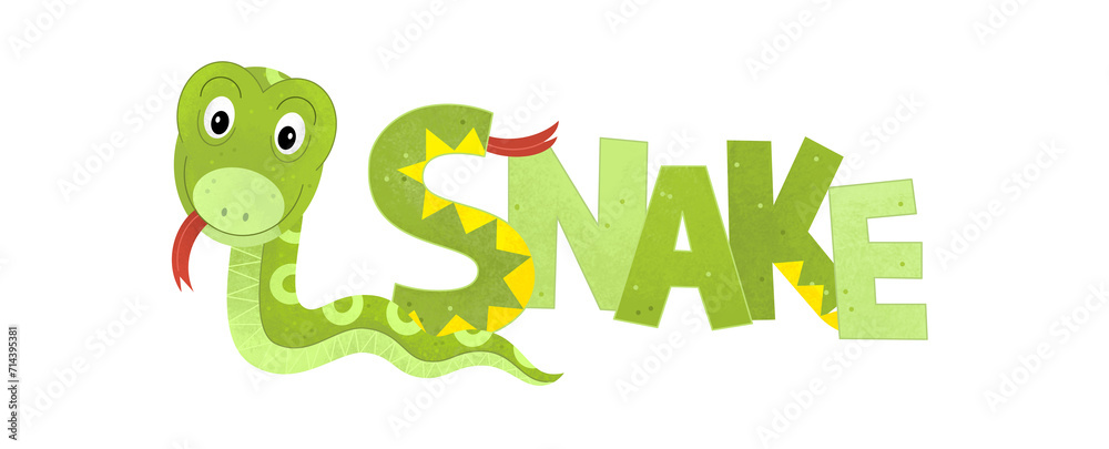 Obraz premium cartoon scene with snake on white background with sign name of animal illustration for children