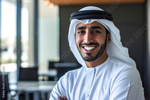 smiling emirati arab at office wearing kandura photo