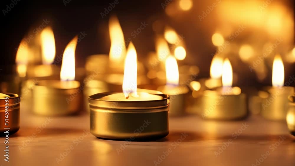 Numerous tea light candles lined up, casting a warm glow.
Numerous tea light candles lined up, casting a warm glow.