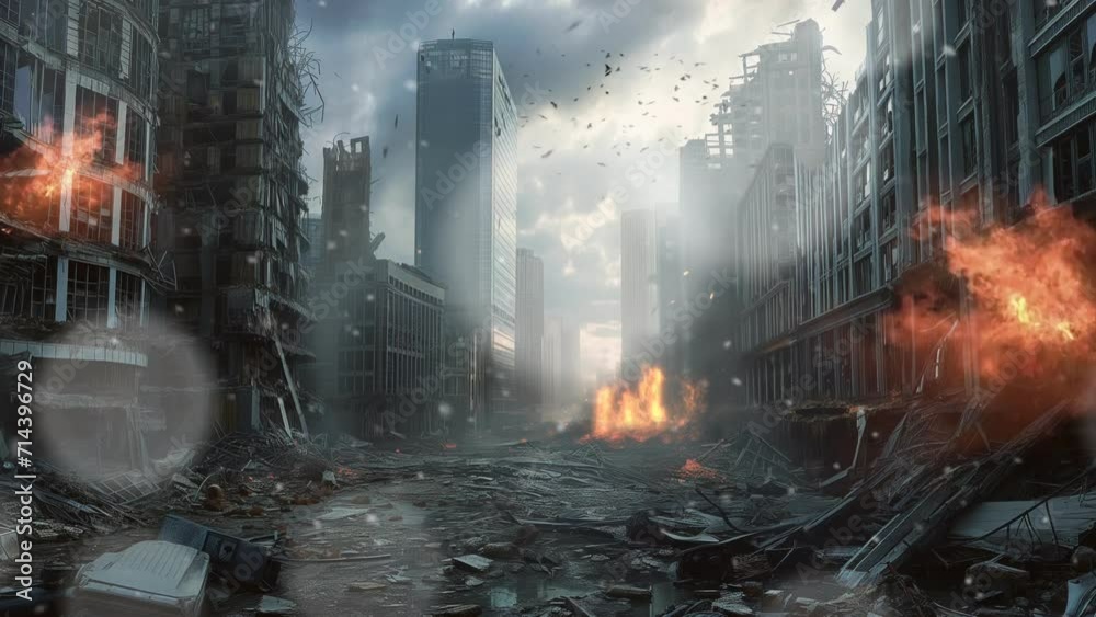 Broken city. the atmosphere of a dead city after a disaster and war 4k loop animation background Broken city. the atmosphere of a dead city after a disaster and war 4k loop animation background