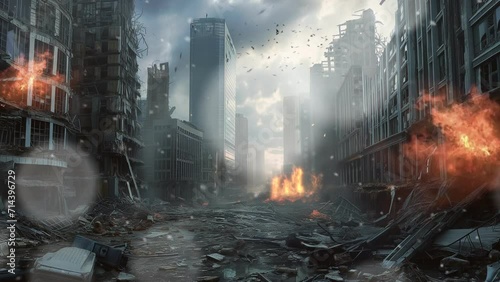 Broken city. the atmosphere of a dead city after a disaster and war 4k loop animation background