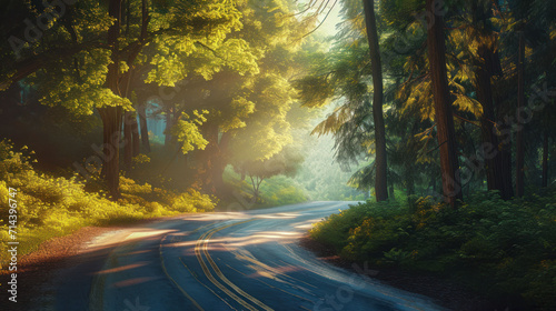  a painting of a road in the middle of a forest with trees on both sides of the road and the sun shining through the trees on the other side of the road.