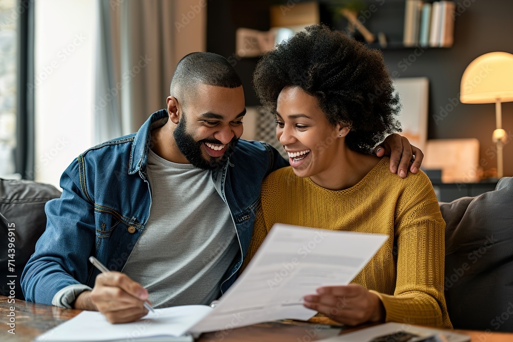 Man and woman couple smiling confident reading document at home Man and woman couple smiling confident reading document at home