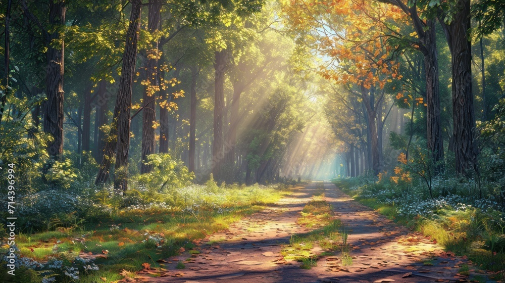 Obraz premium a painting of a dirt road in the middle of a forest with sunlight streaming through the trees on either side of the road is a dirt path with grass and flowers on both sides.
