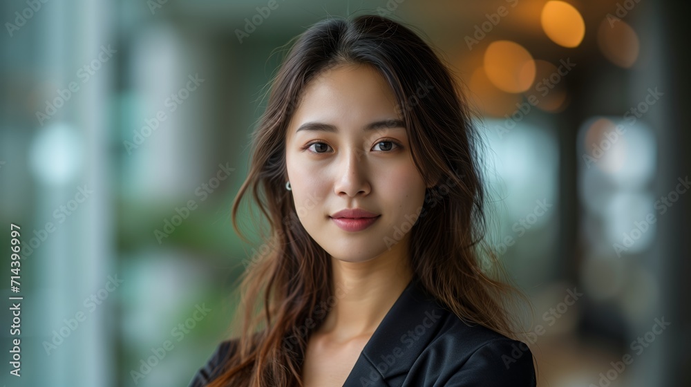 Obraz premium Young Asian businesswoman in formal wear portrait of confident business woman in office professional business attire, emphasizing confidence and success