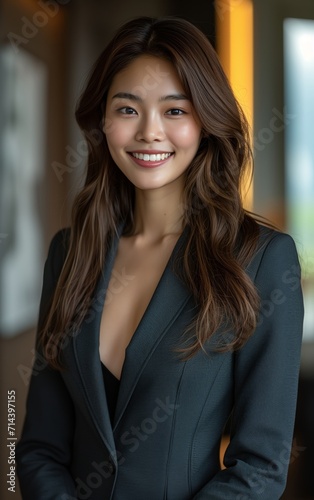 Young Asian businesswoman in formal wear portrait of confident business woman in office professional business attire, emphasizing confidence and success