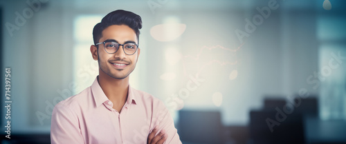 Bellissimo uomo di 30 anni di origini indiane sorride in ufficio con camicia elegante e grafici sullo sfondo photo