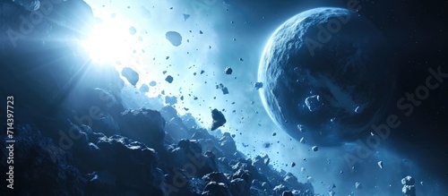 Pandora encircled by asteroid belt and destroyed planet debris. Blue protoplanet in vast universe. 3d visualization. photo