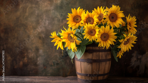 Cheerful Sunflowers in a Wooden Vase