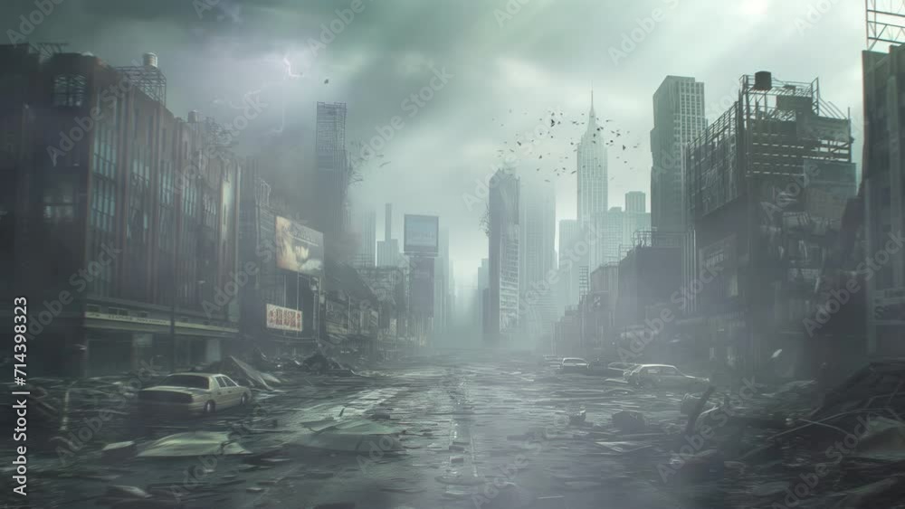 the atmosphere of a dead city after a disaster and war 4k loop animation background