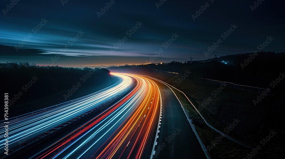 Night long exposure photo of a highway. Generative AI
