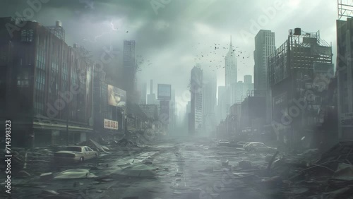 the atmosphere of a dead city after a disaster and war 4k loop animation background photo