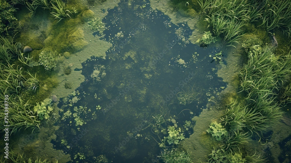 Fototapeta premium an aerial view of a swampy area with water and green plants in the foreground and a bird's eye view of the area in the middle of the photo.