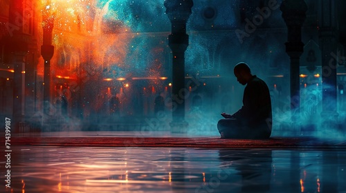 Muslim Man Praying in Mosque, Dua, Praying, Ramadan Kareem Concept, Islamic Background, generative ai