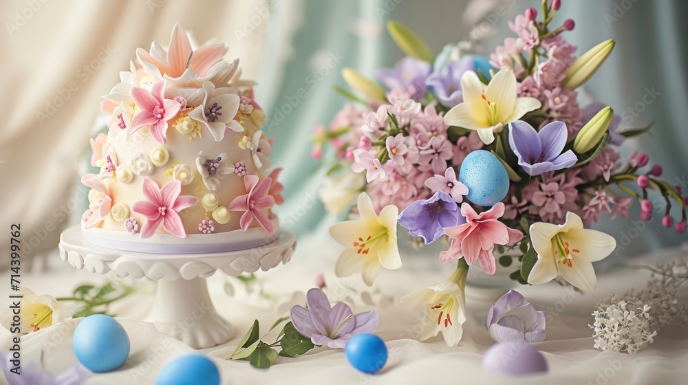 a close up of a cake on a table with flowers and eggs in the foreground and a vase of flowers in the background with eggs in the foreground. a close up of a cake on a table with flowers and eggs in the foreground and a vase of flowers in the background with eggs in the foreground.