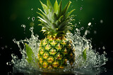 Fresh pineapple fruit floating in the air with splashes of water.