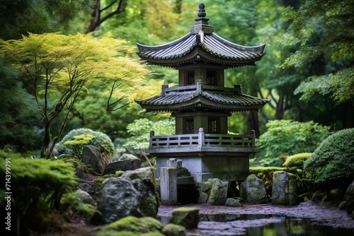 Japanese garden shrine, Buddhist temple. Generative AI