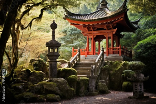 Japanese garden shrine, Buddhist temple. Generative AI