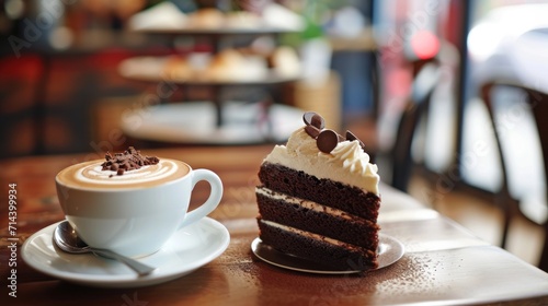  a piece of cake on a plate next to a cup of cappuccino on a saucer on a wooden table with a blurry table in the background.