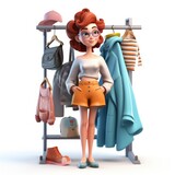 3d girl woman stylist on stoic background with clothes. Fashionable clothes.