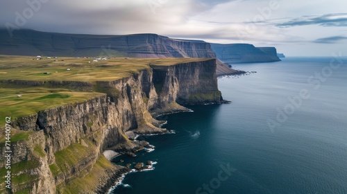  an aerial view of a cliff with a body of water in the foreground and a cliff on the far side of the cliff is a body of water with a boat in the foreground.