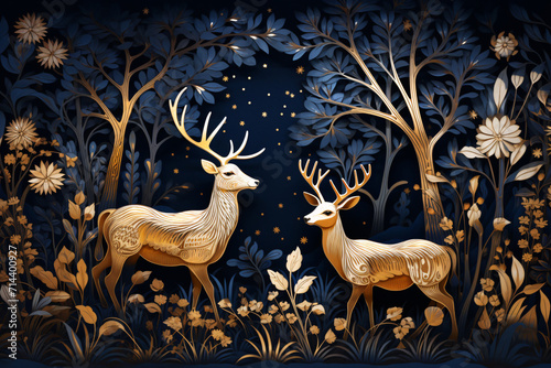 Christmas Tree Mural Wallpaper, Contemporary Era Paper Art with Deer, Birds, and Waves © Patchaporn