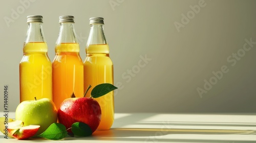  three bottles of apple cider sit next to a pile of apples and an apple on a table with a shadow from the back of the bottles on the table.
