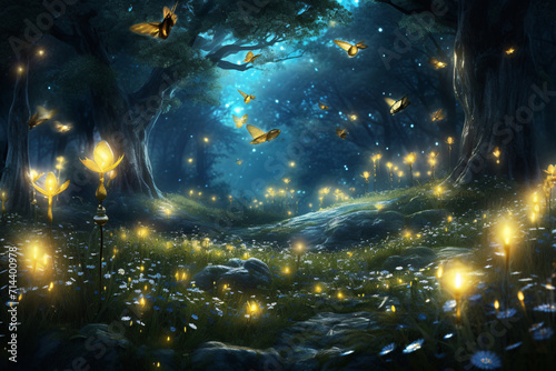 Magical Firefly Field at Night, Enchanted Landscape, Lightning Bugs