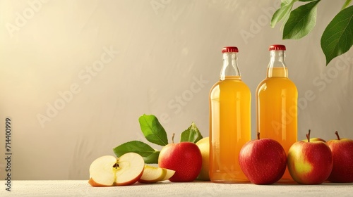  a table topped with two bottles of apple cider next to apples and a half of an apple next to a half of an apple and a half of an apple.